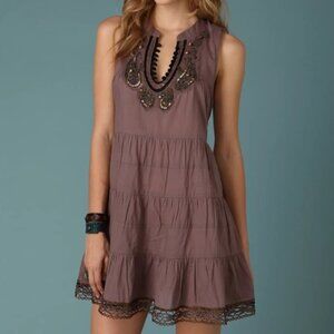 Free people Beaded Tiered Cotton Lace Trim Mini Dress